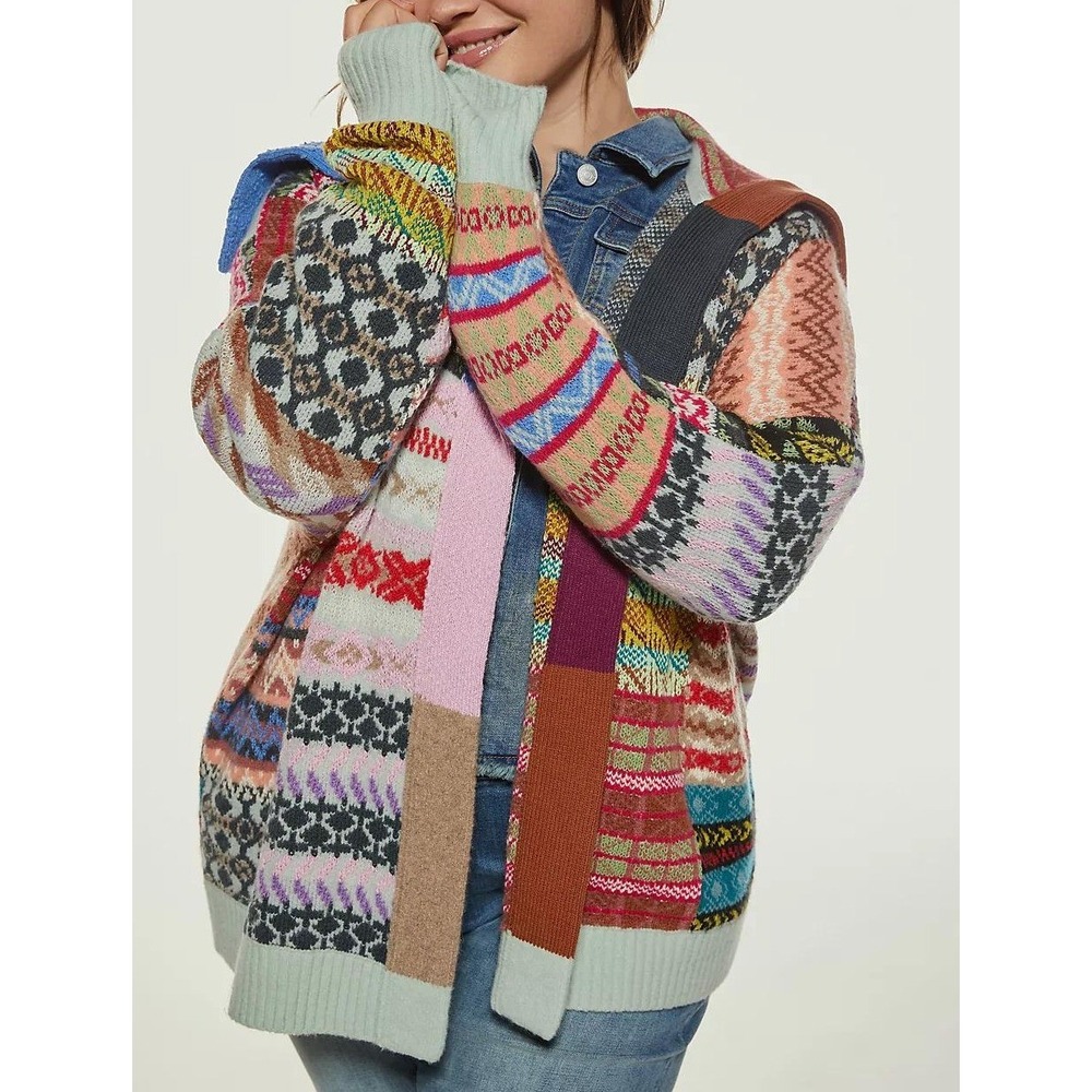 Anthropologie Pilcro Abstract Patchwork Cardigan Multi Fair Isle M/L OB1337663